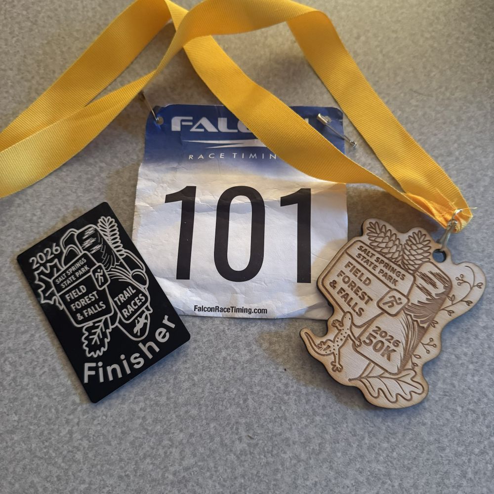 A race bib with the number 101 on it, a burned wooden 50K medal, and a finisher magnet for my fridge.